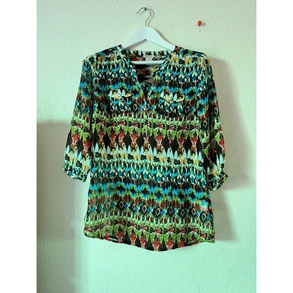 Ariat Womens Multicolor Abstract 3/4 Sleeve Tunic Top Small Lightweight Boho - Picture 1 of 8